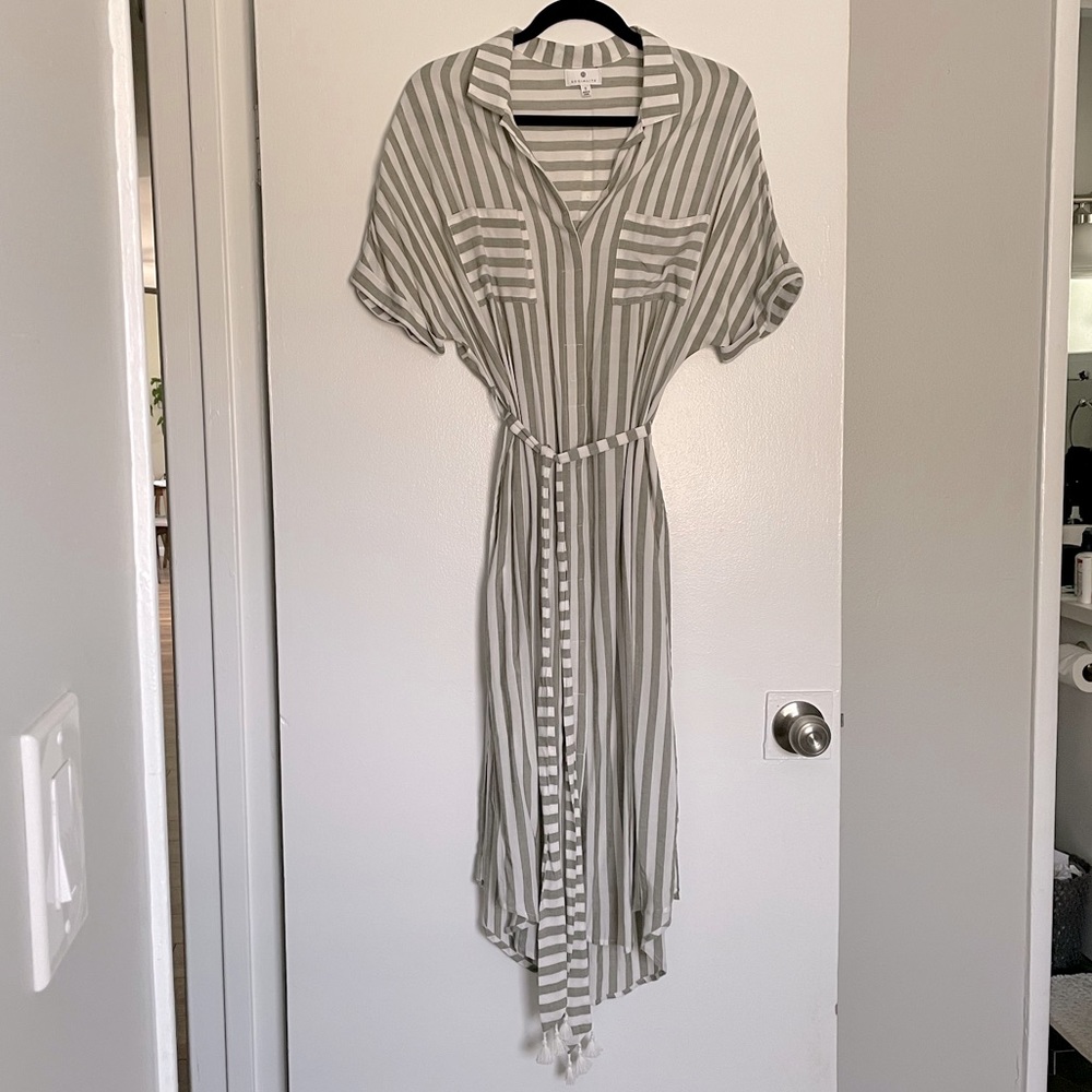 SOCIALITE Kersee Green & White Striped Midi Shirt Dress